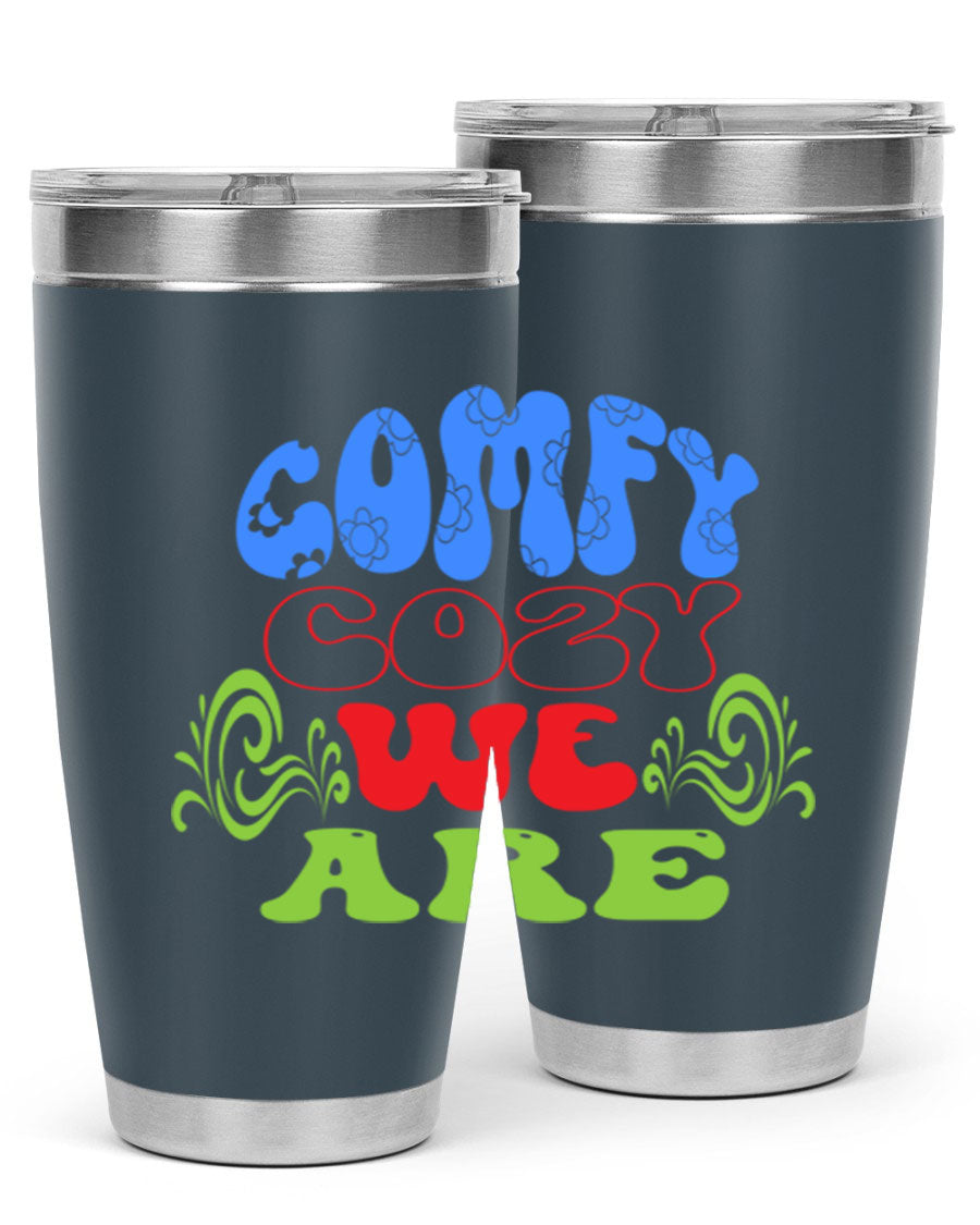Comfy Cozy We Are 58# Winter Tumbler in stainless steel with a drink-thru lid, showcasing its sleek design and vibrant print.