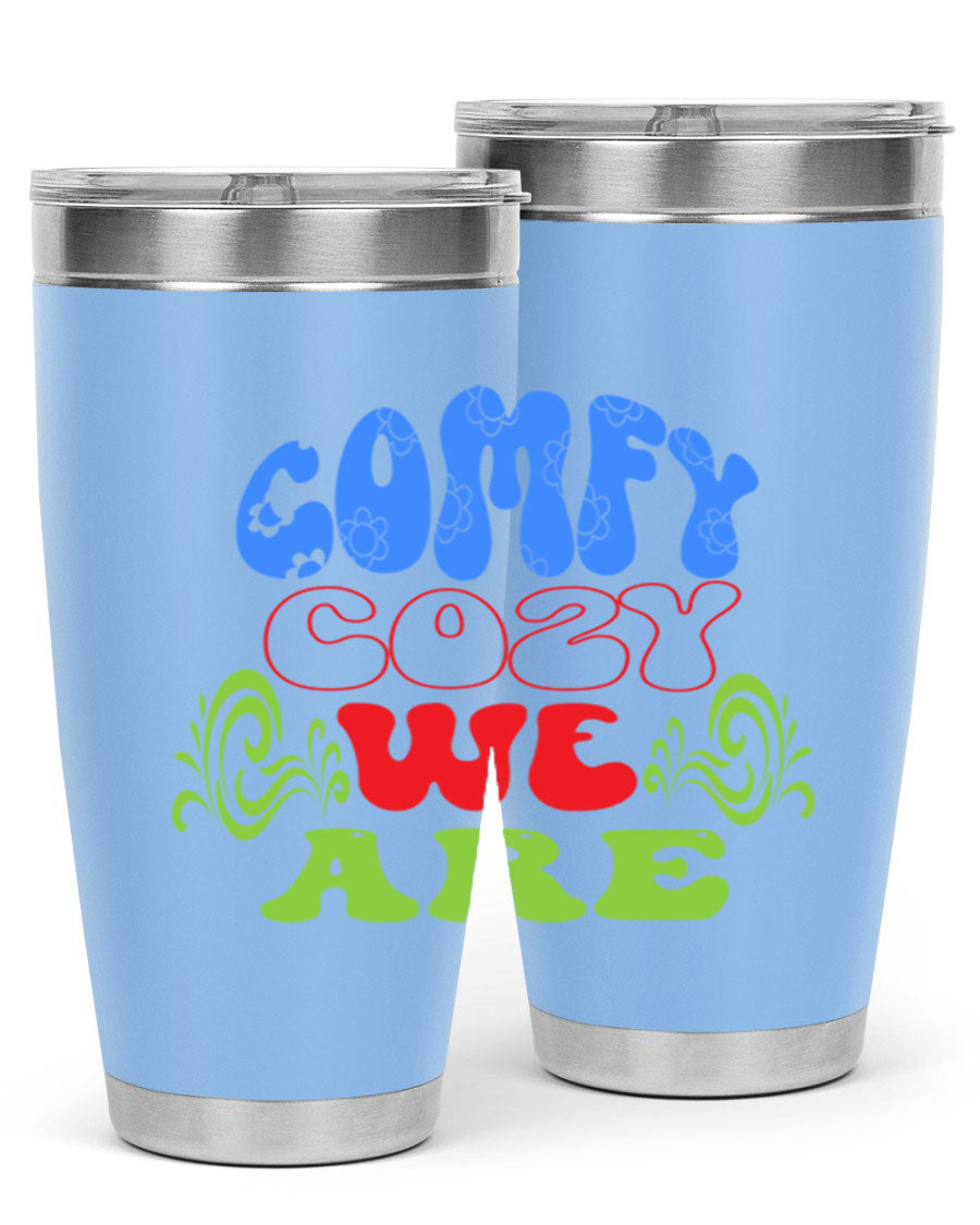 Comfy Cozy We Are 58# Winter Tumbler in stainless steel with a drink-thru lid, showcasing its sleek design and vibrant print.