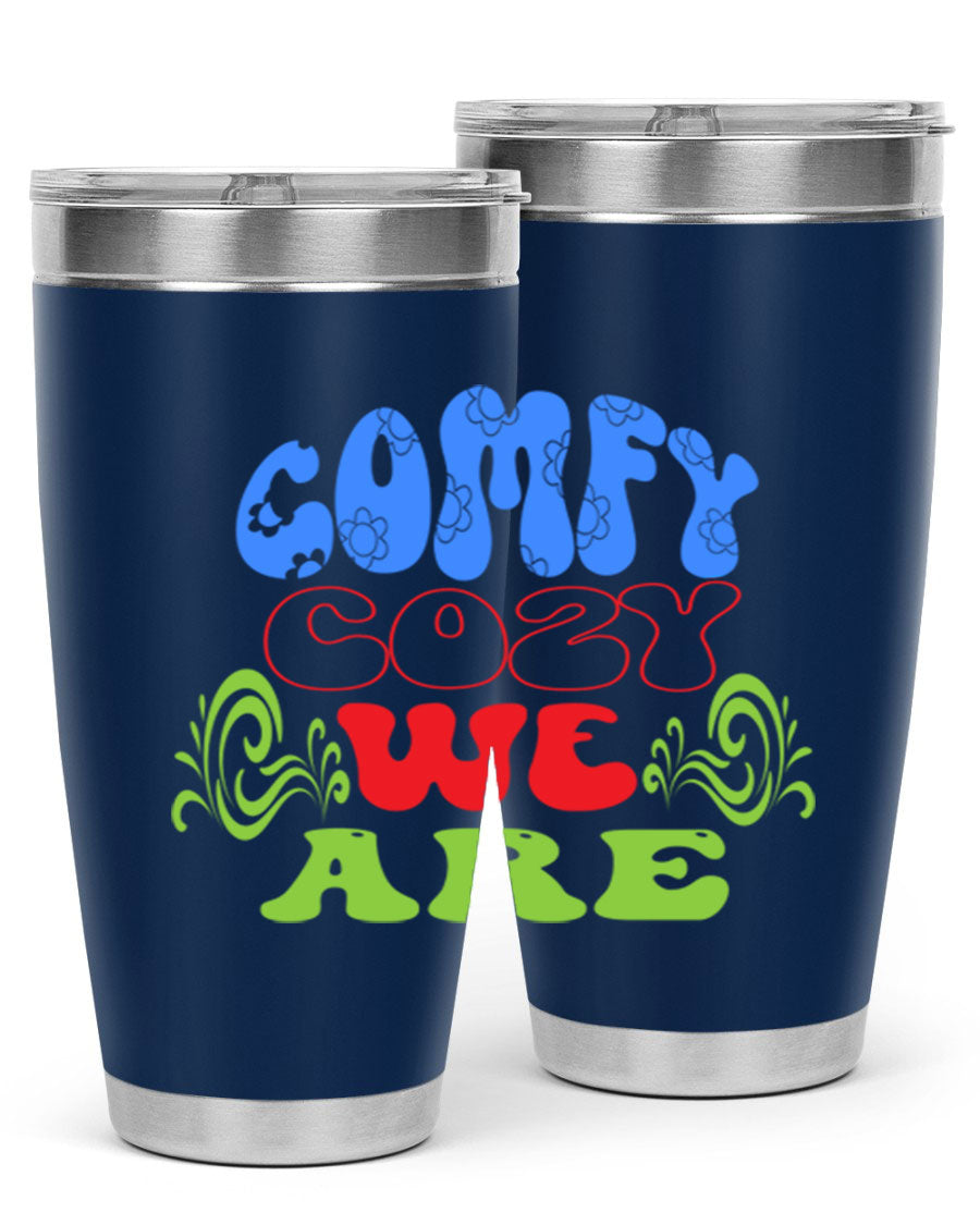 Comfy Cozy We Are 58# Winter Tumbler in stainless steel with a drink-thru lid, showcasing its sleek design and vibrant print.
