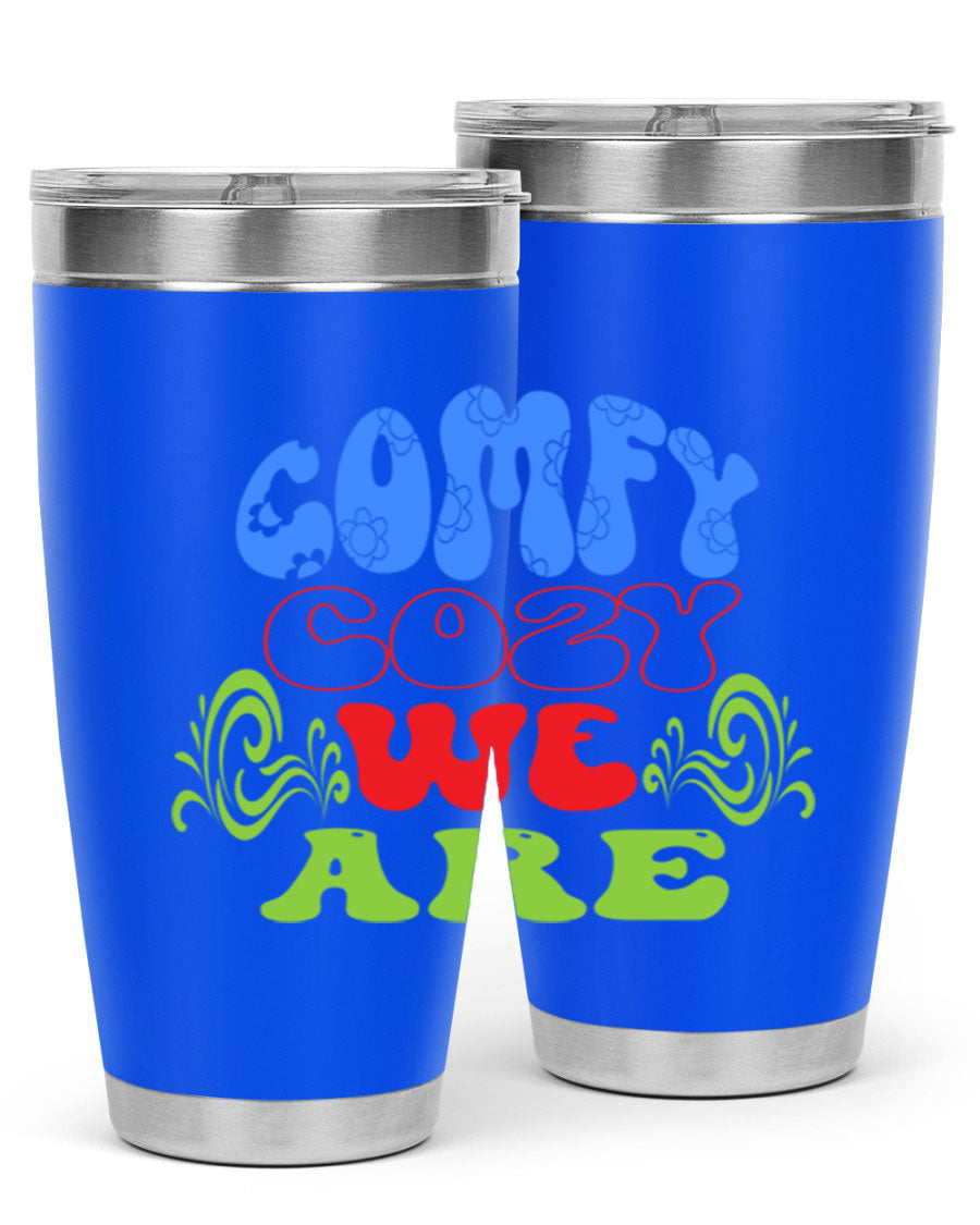 Comfy Cozy We Are 58# Winter Tumbler in stainless steel with a drink-thru lid, showcasing its sleek design and vibrant print.