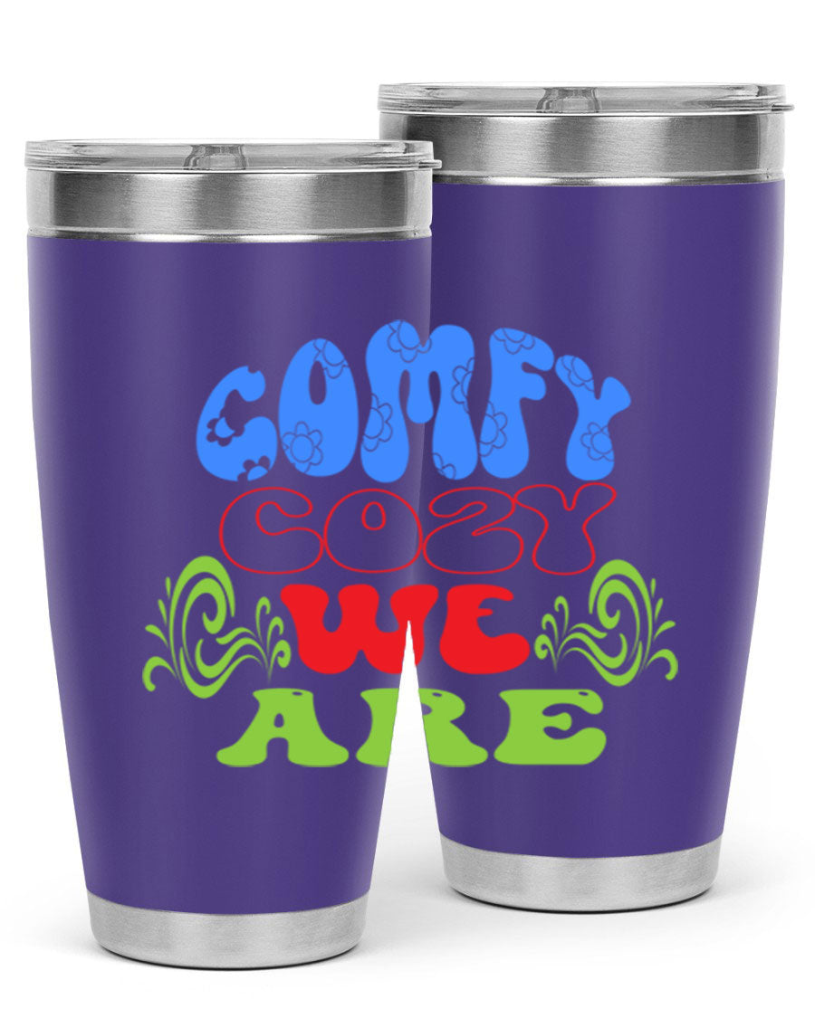 Comfy Cozy We Are 58# Winter Tumbler in stainless steel with a drink-thru lid, showcasing its sleek design and vibrant print.