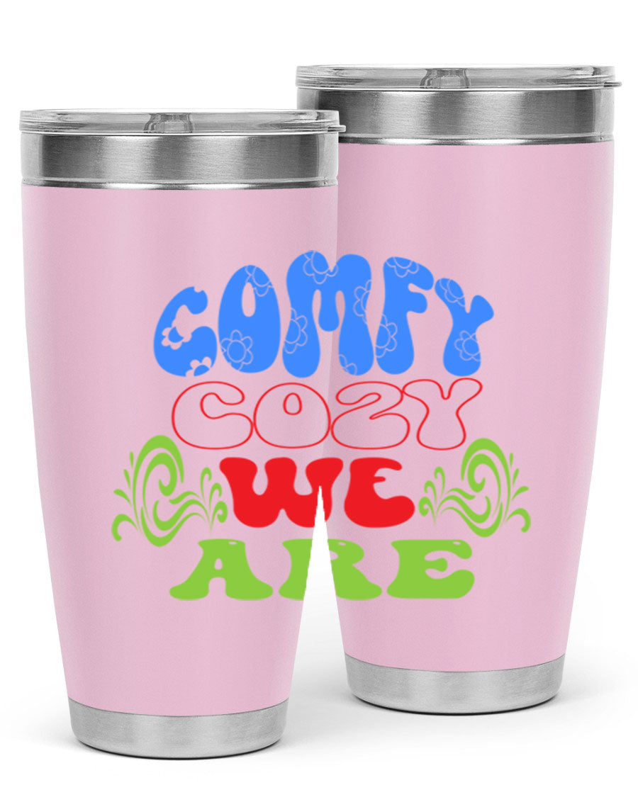 Comfy Cozy We Are 58# Winter Tumbler in stainless steel with a drink-thru lid, showcasing its sleek design and vibrant print.