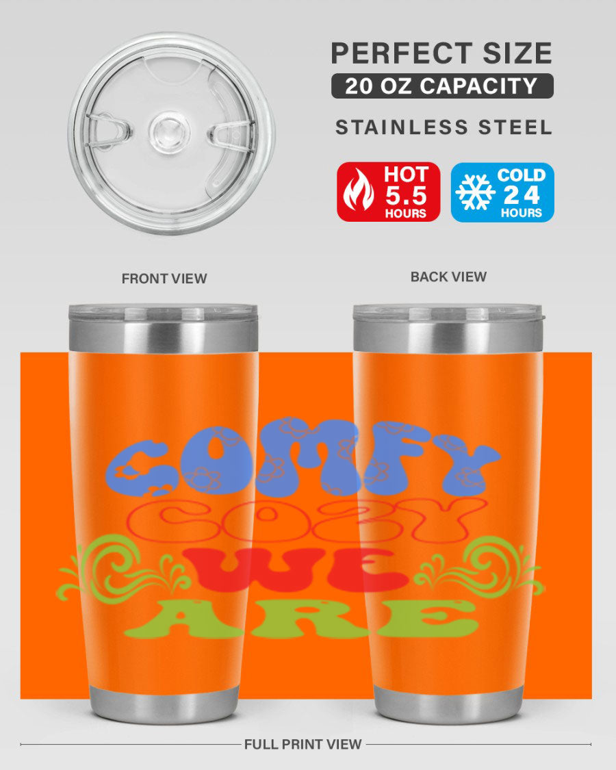 Comfy Cozy We Are 58# Winter Tumbler in stainless steel with a drink-thru lid, showcasing its sleek design and vibrant print.