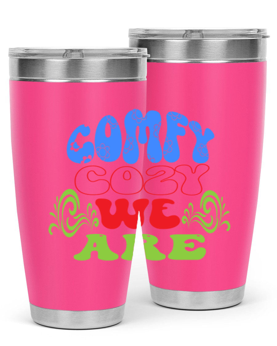 Comfy Cozy We Are 58# Winter Tumbler in stainless steel with a drink-thru lid, showcasing its sleek design and vibrant print.