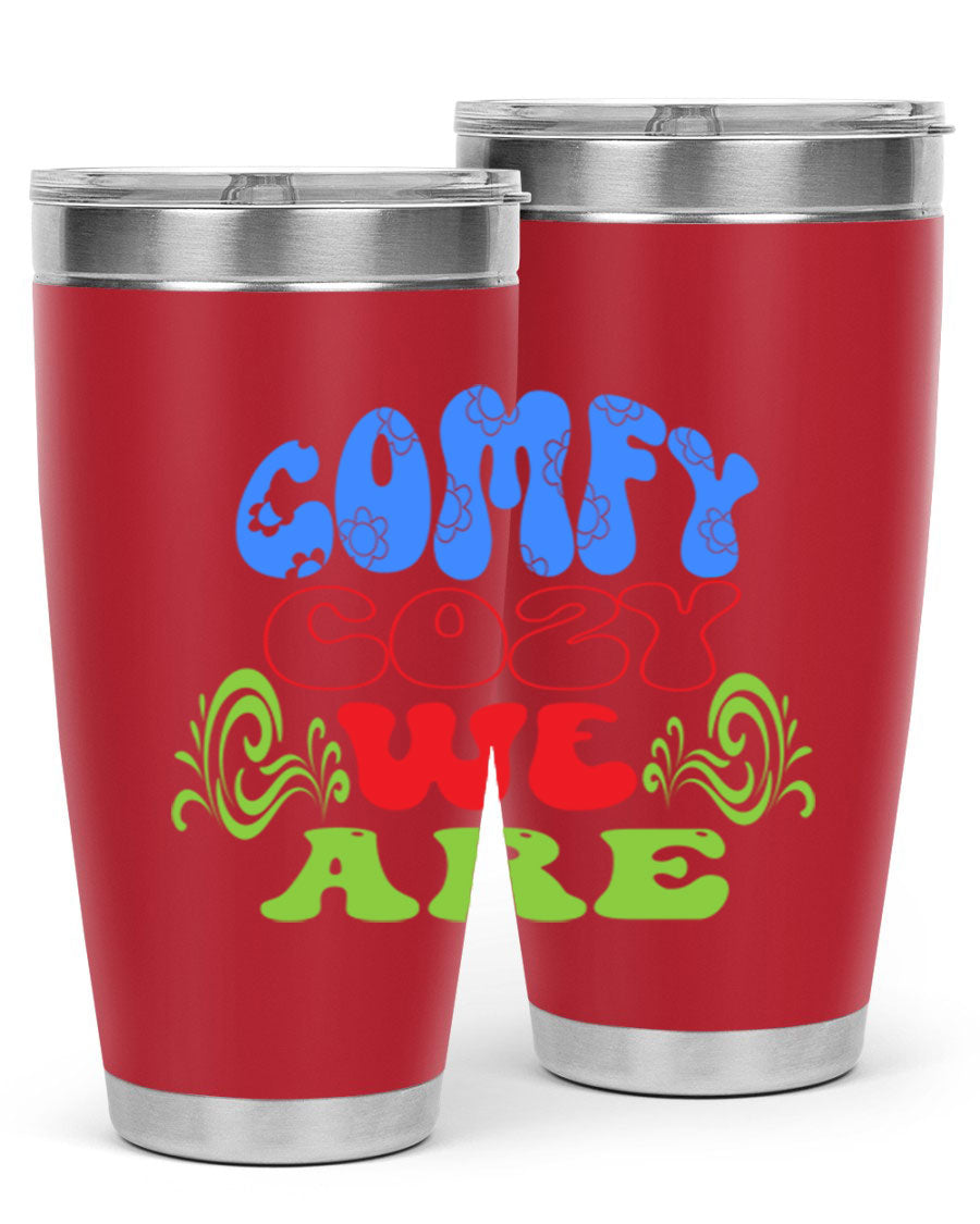 Comfy Cozy We Are 58# Winter Tumbler in stainless steel with a drink-thru lid, showcasing its sleek design and vibrant print.
