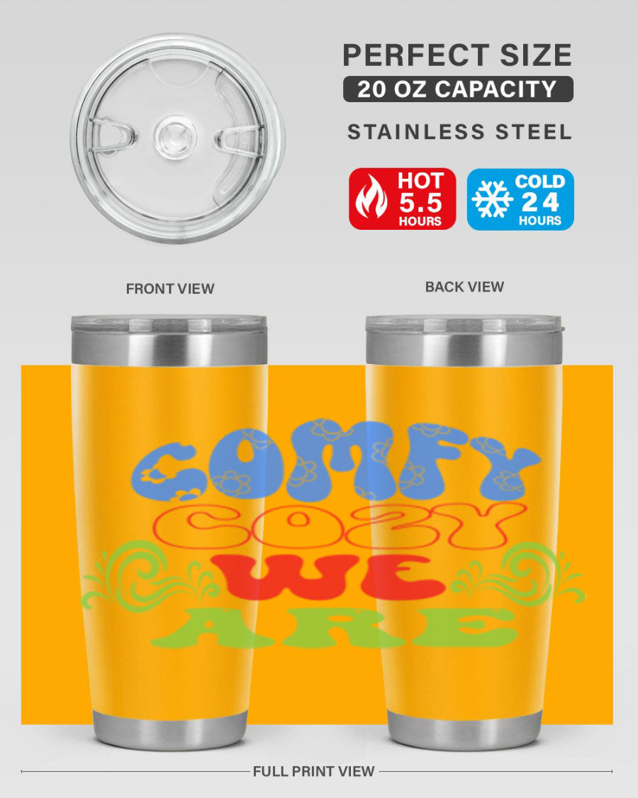 Comfy Cozy We Are 58# Winter Tumbler in stainless steel with a drink-thru lid, showcasing its sleek design and vibrant print.