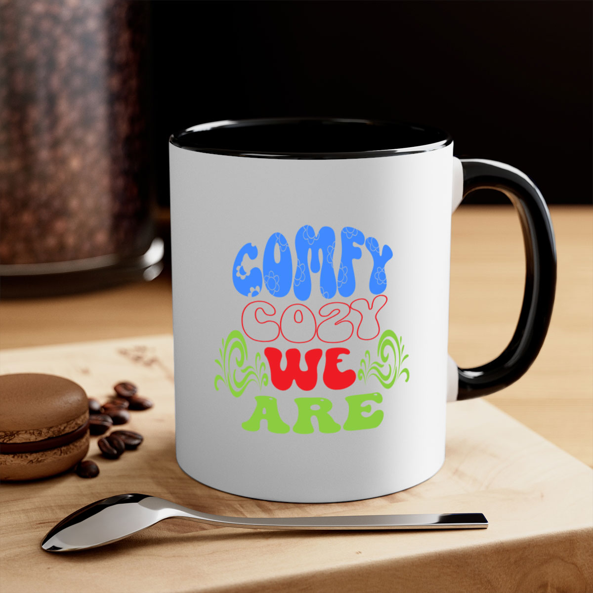Comfy Cozy We Are 58# Mug in five vibrant colors with a glossy finish and easy-grip handle.