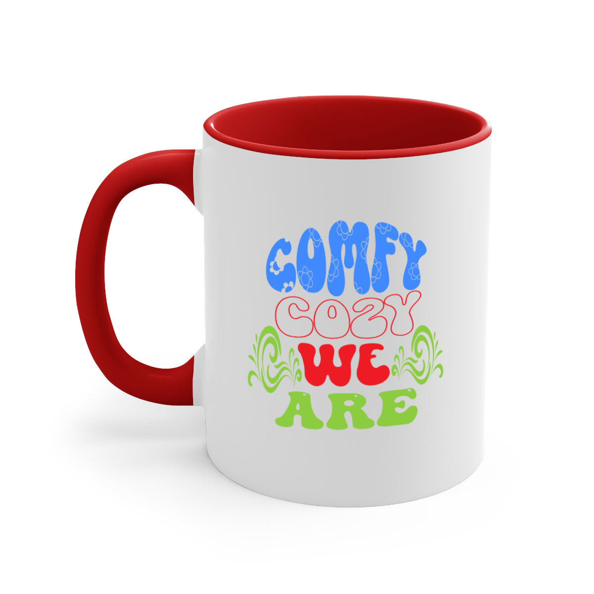 Comfy Cozy We Are 58# Mug in five vibrant colors with a glossy finish and easy-grip handle.