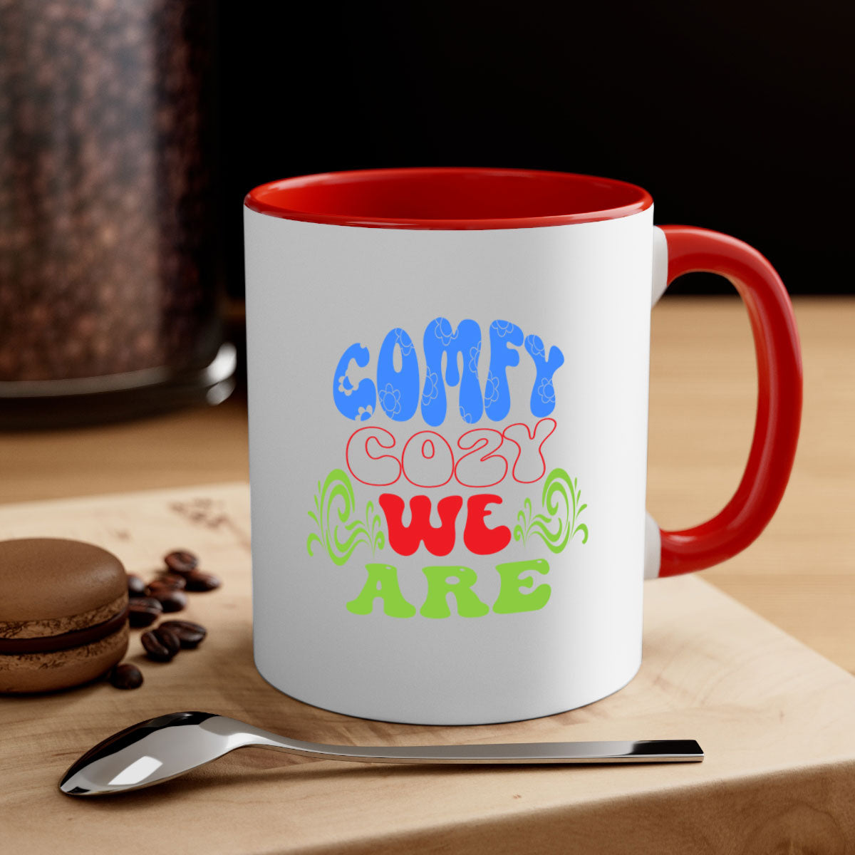 Comfy Cozy We Are 58# Mug in five vibrant colors with a glossy finish and easy-grip handle.