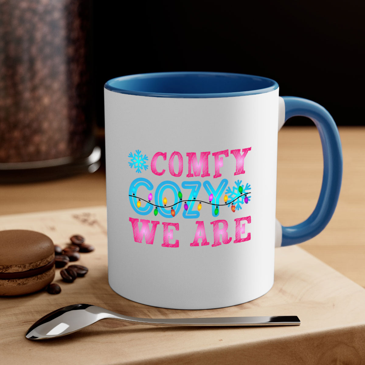 Comfy Cozy We Are Winter 59# Mug featuring a glossy finish, colored handle, and interior, available in multiple colors and sizes.