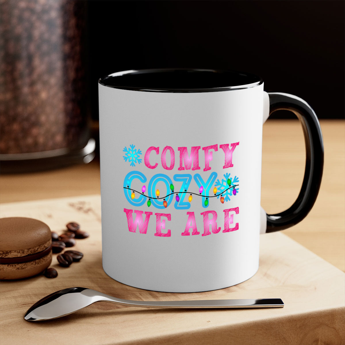Comfy Cozy We Are Winter 59# Mug featuring a glossy finish, colored handle, and interior, available in multiple colors and sizes.
