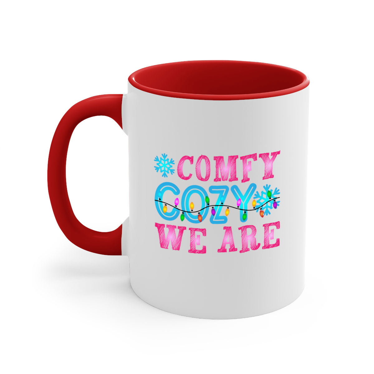Comfy Cozy We Are Winter 59# Mug featuring a glossy finish, colored handle, and interior, available in multiple colors and sizes.