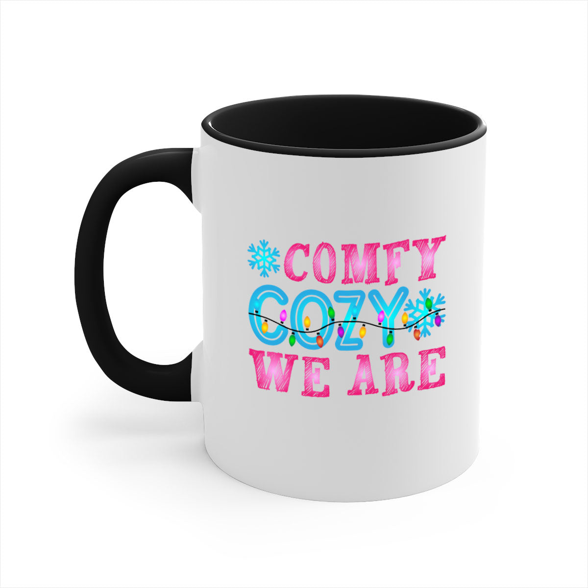 Comfy Cozy We Are Winter 59# Mug featuring a glossy finish, colored handle, and interior, available in multiple colors and sizes.