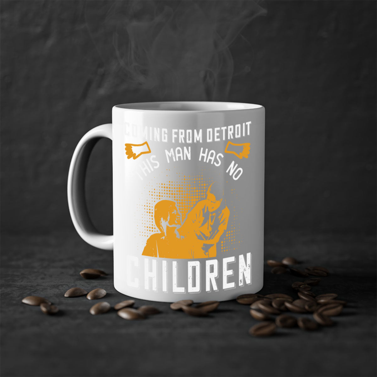 Two-tone ceramic mug with colored handle and interior, featuring the phrase 'Coming from Detroit this man has no children' in a glossy finish.
