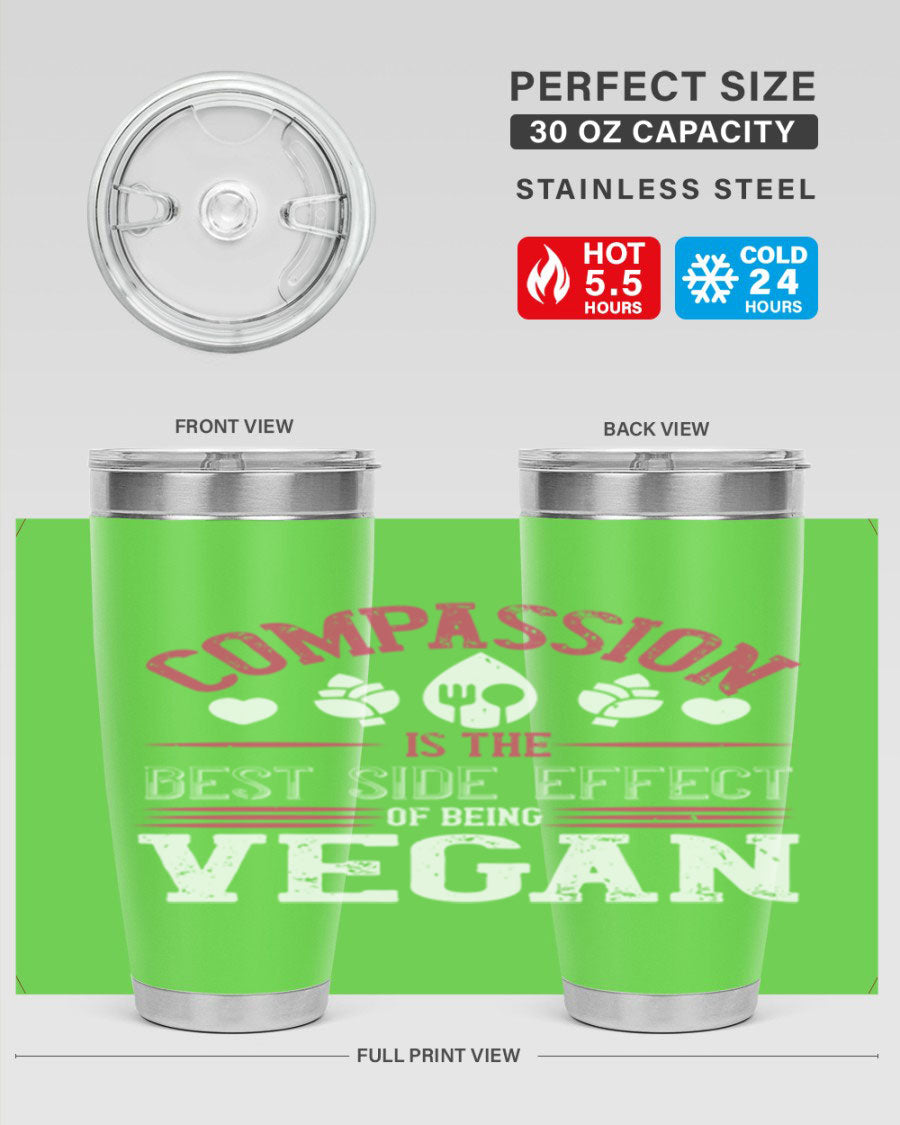 A stylish 20oz stainless steel tumbler with a vegan-themed design, featuring double wall vacuum insulation and a drink-thru lid.