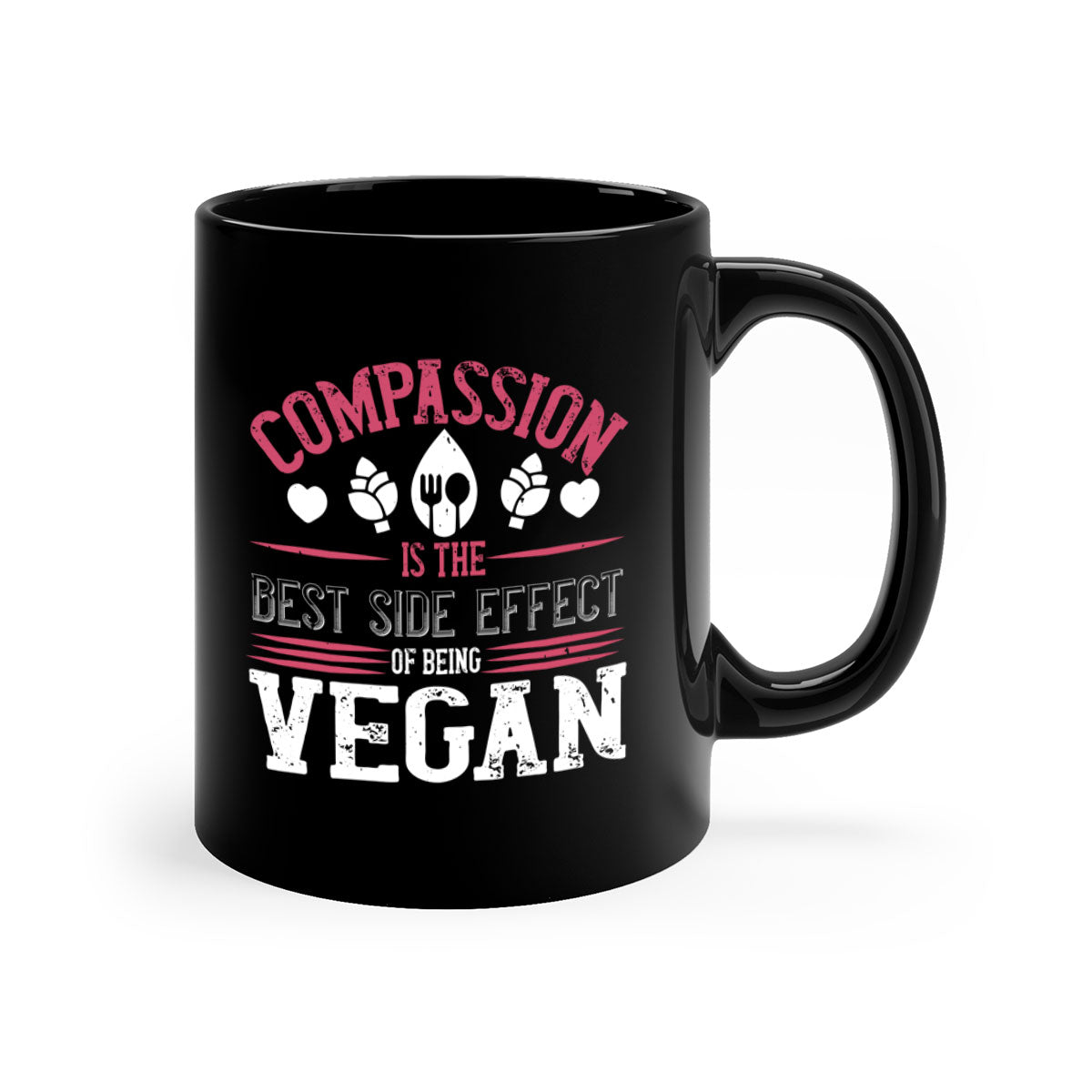 Two-tone vegan mug with a colored handle and glossy finish, featuring the phrase 'Compassion is the Best Side Effect of Being Vegan'.
