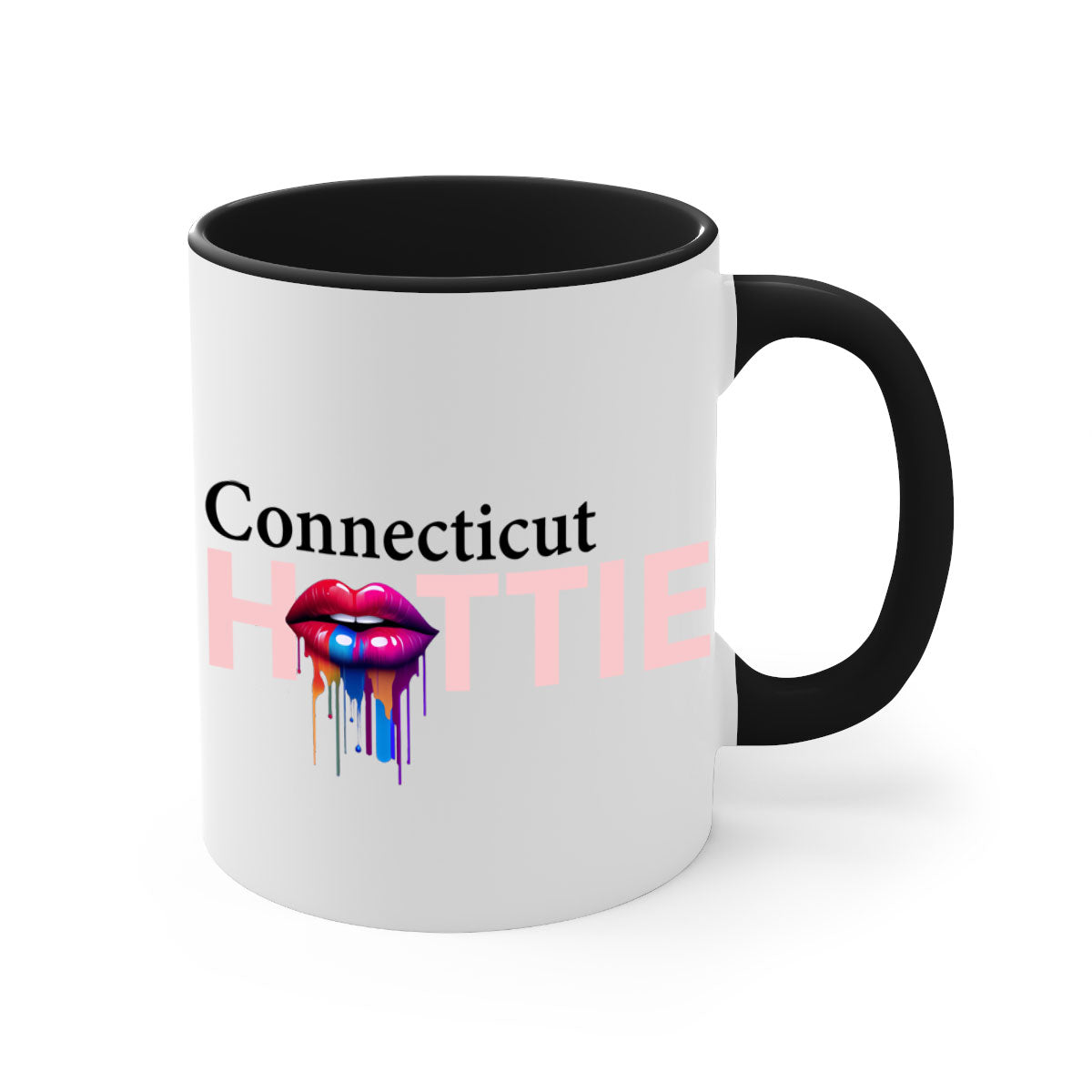 Connecticut Hottie Mug with dripping lips design, featuring a colored handle and glossy finish.