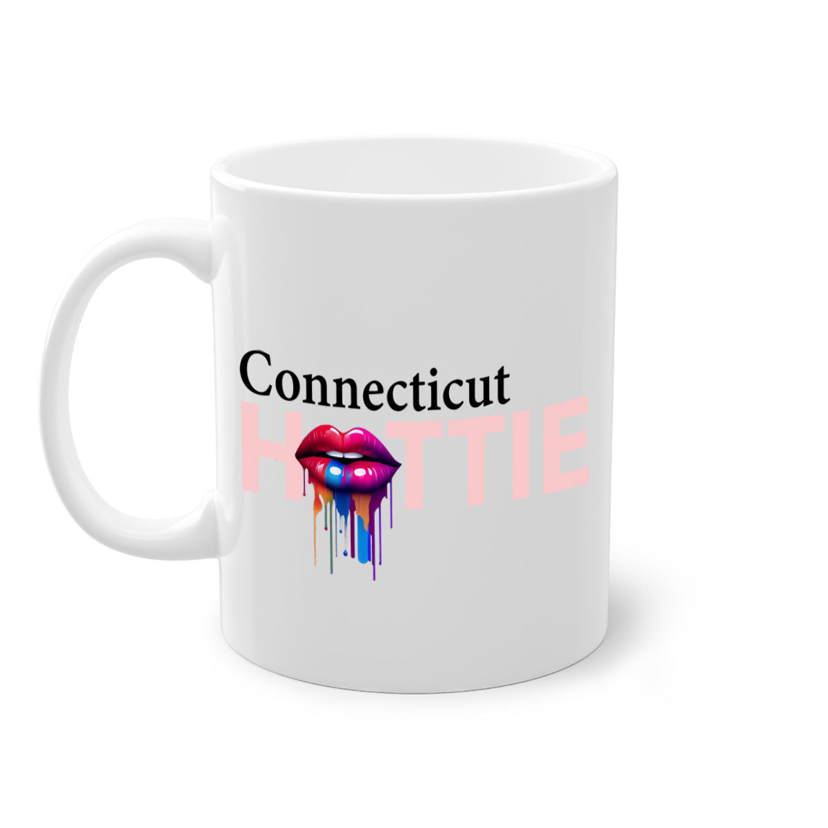 Connecticut Hottie Mug with dripping lips design, featuring a colored handle and glossy finish.