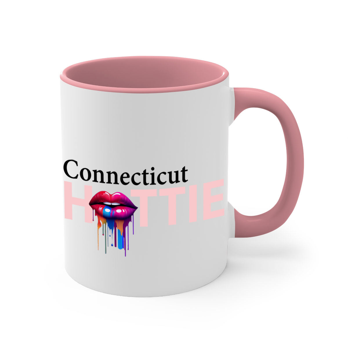 Connecticut Hottie Mug with dripping lips design, featuring a colored handle and glossy finish.