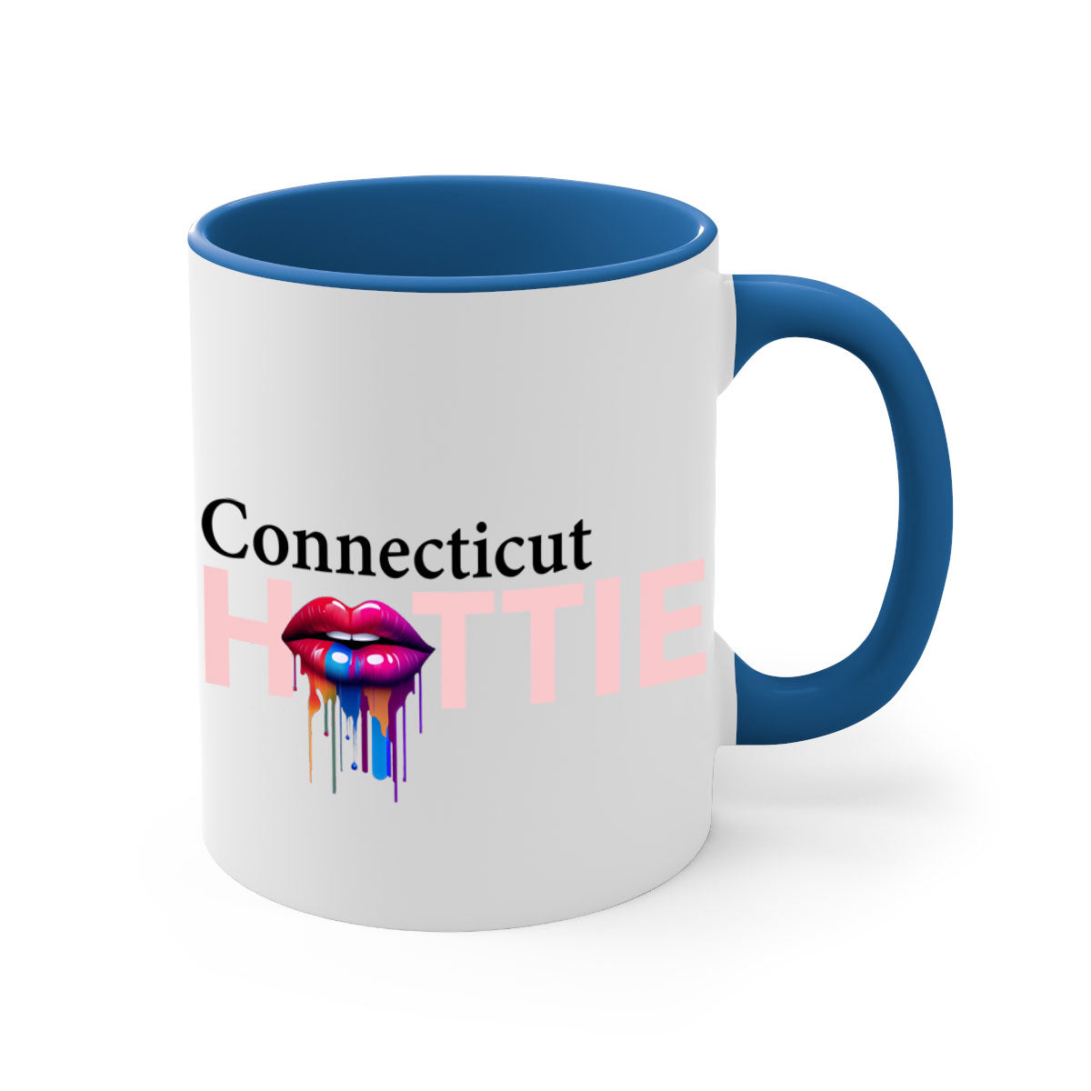 Connecticut Hottie Mug with dripping lips design, featuring a colored handle and glossy finish.