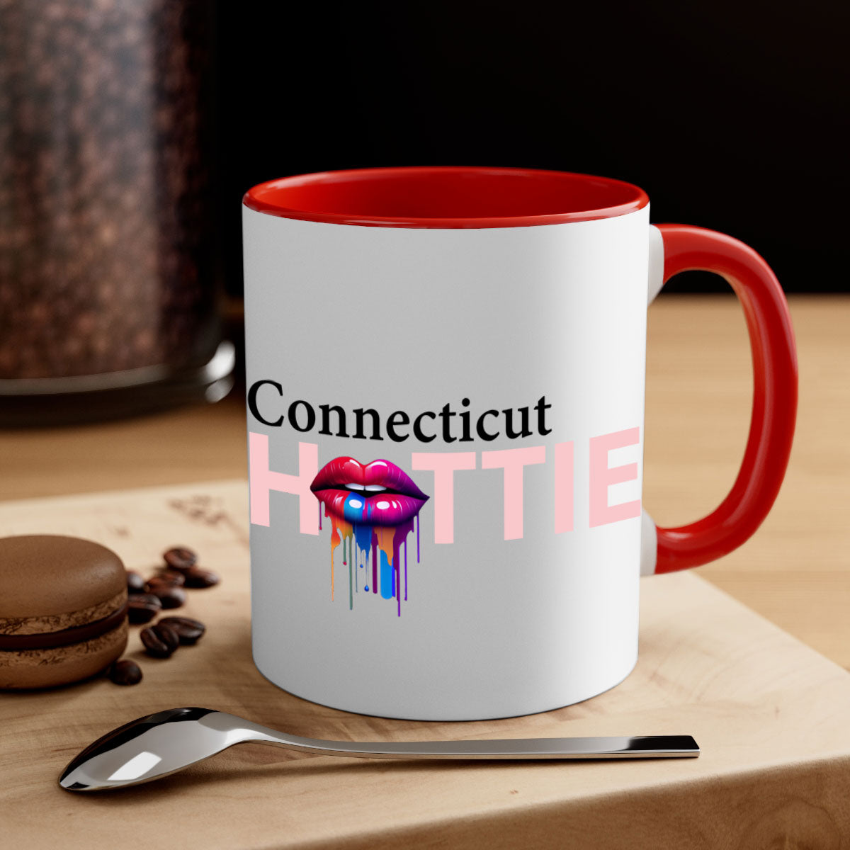 Connecticut Hottie Mug with dripping lips design, featuring a colored handle and glossy finish.