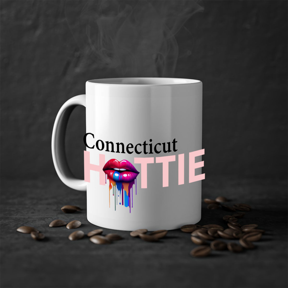 Connecticut Hottie Mug with dripping lips design, featuring a colored handle and glossy finish.