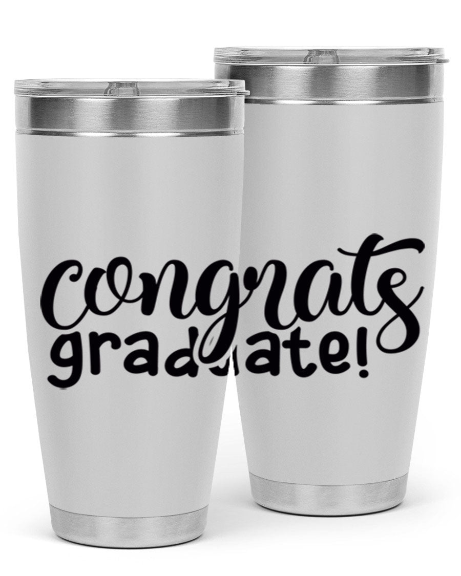 Congrats Graduate! 20oz Tumbler featuring double wall vacuum stainless steel design with graduation-themed print.