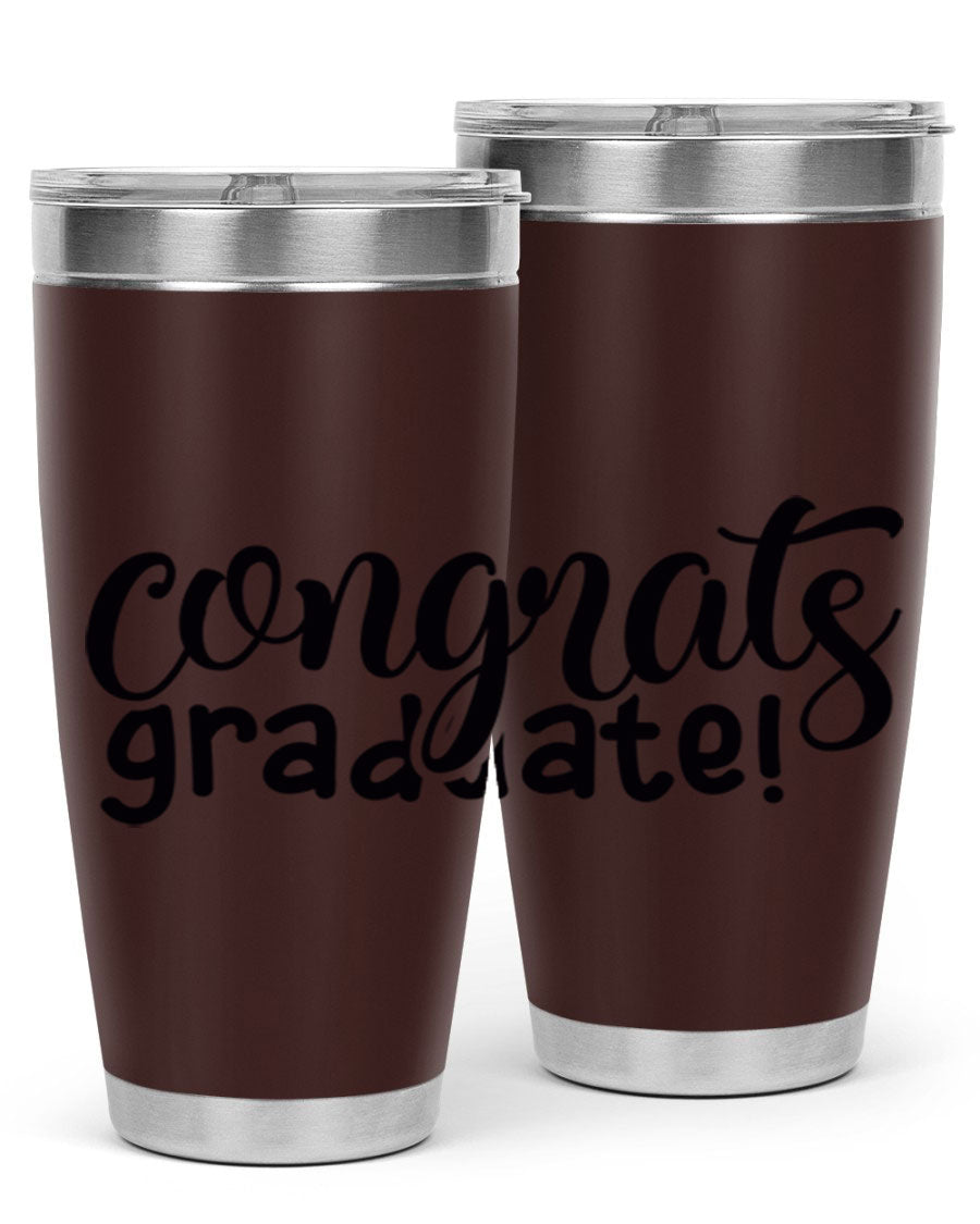 Congrats Graduate! 20oz Tumbler featuring double wall vacuum stainless steel design with graduation-themed print.