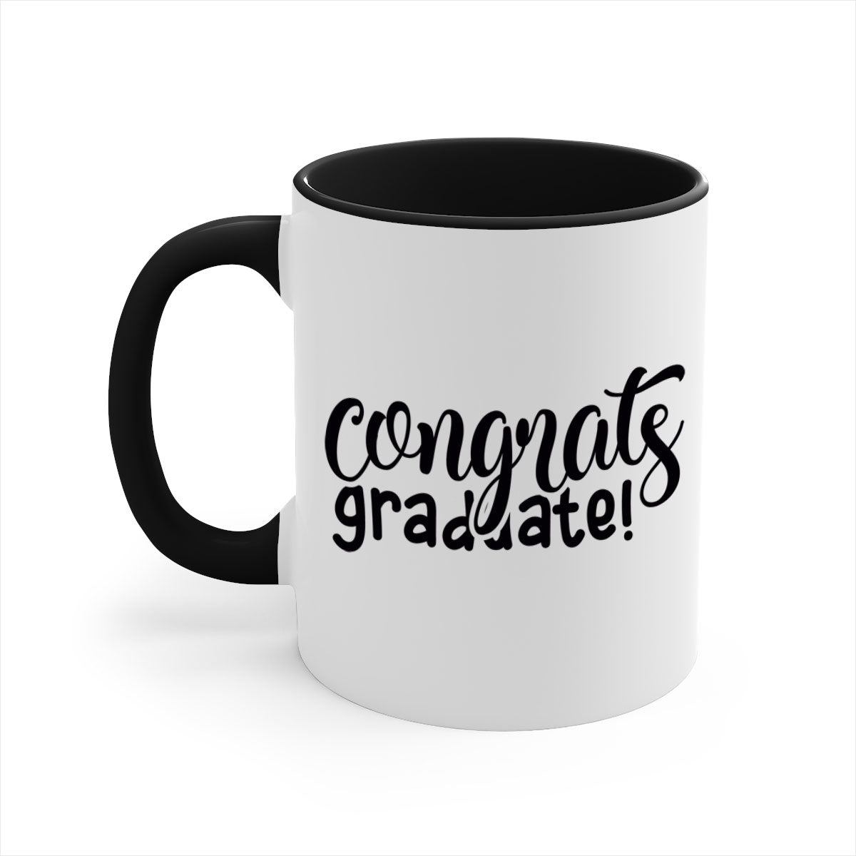 Congrats Graduate! Mug featuring a glossy finish with a colored handle and interior, available in multiple colors.