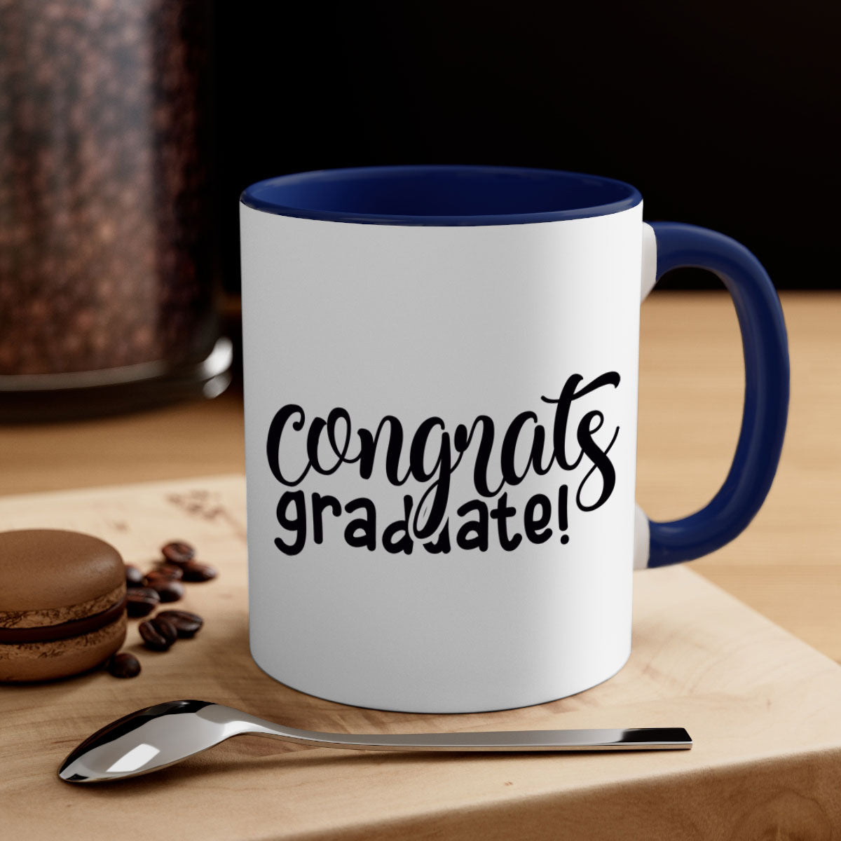 Congrats Graduate! Mug featuring a glossy finish with a colored handle and interior, available in multiple colors.