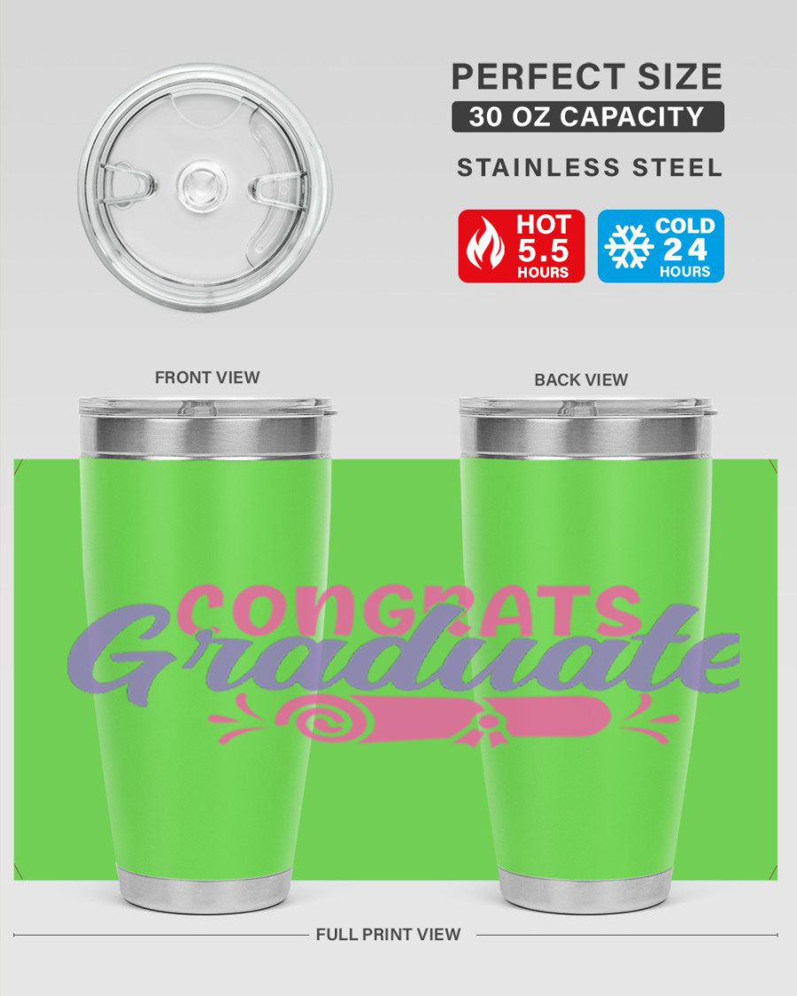 Congrats Graduate 20oz Tumbler featuring double wall vacuum insulation and a stylish design, perfect for hot and cold beverages.