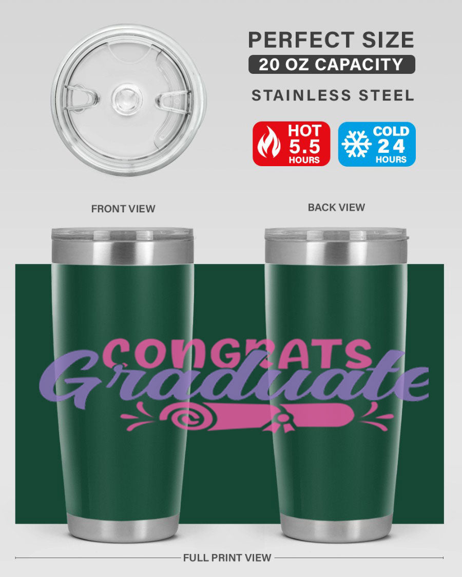 Congrats Graduate 20oz Tumbler featuring double wall vacuum insulation and a stylish design, perfect for hot and cold beverages.