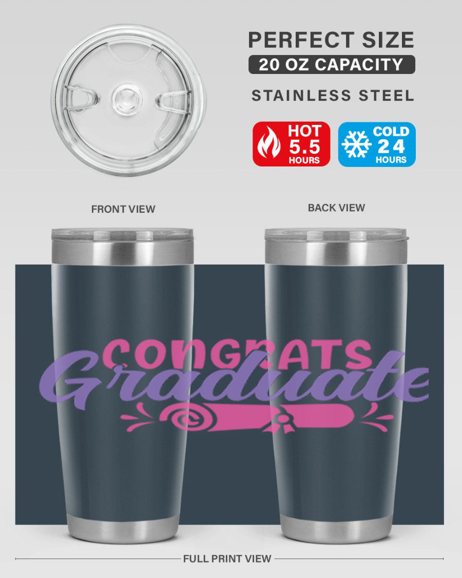 Congrats Graduate 20oz Tumbler featuring double wall vacuum insulation and a stylish design, perfect for hot and cold beverages.