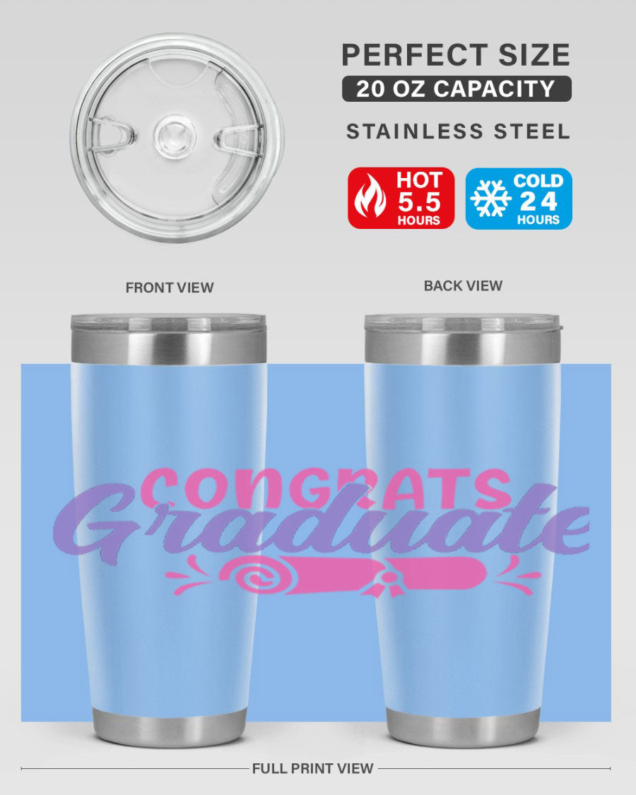 Congrats Graduate 20oz Tumbler featuring double wall vacuum insulation and a stylish design, perfect for hot and cold beverages.