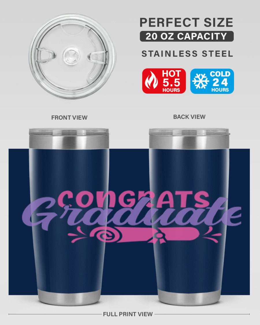 Congrats Graduate 20oz Tumbler featuring double wall vacuum insulation and a stylish design, perfect for hot and cold beverages.