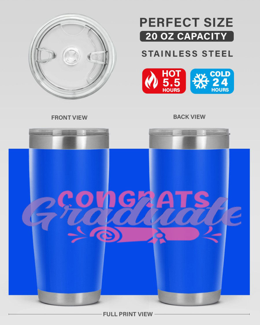 Congrats Graduate 20oz Tumbler featuring double wall vacuum insulation and a stylish design, perfect for hot and cold beverages.