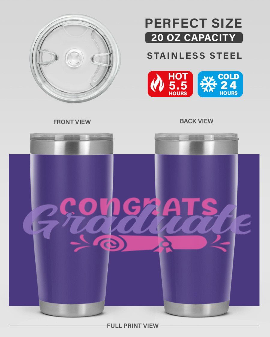 Congrats Graduate 20oz Tumbler featuring double wall vacuum insulation and a stylish design, perfect for hot and cold beverages.