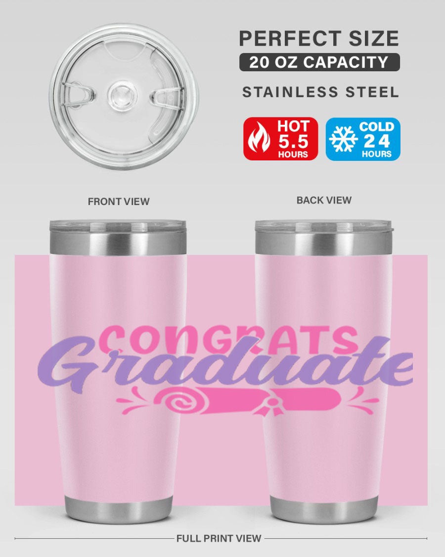 Congrats Graduate 20oz Tumbler featuring double wall vacuum insulation and a stylish design, perfect for hot and cold beverages.