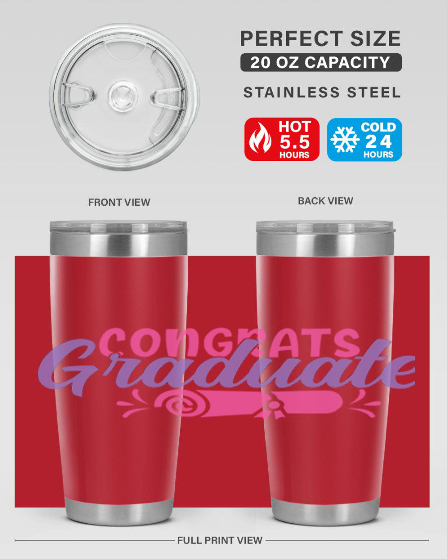 Congrats Graduate 20oz Tumbler featuring double wall vacuum insulation and a stylish design, perfect for hot and cold beverages.