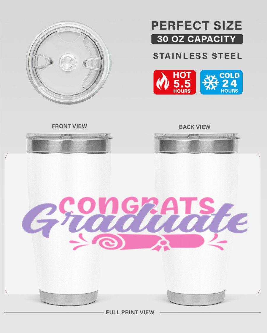 Congrats Graduate 20oz Tumbler featuring double wall vacuum insulation and a stylish design, perfect for hot and cold beverages.