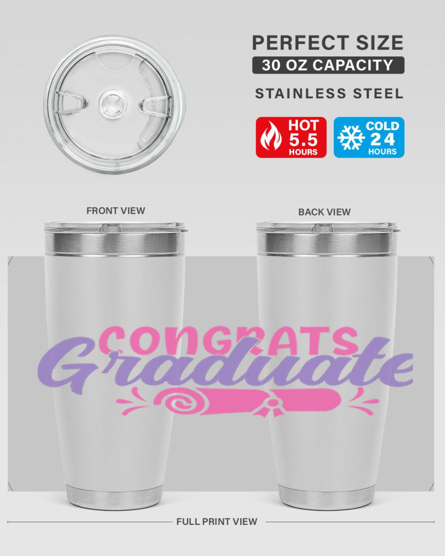 Congrats Graduate 20oz Tumbler featuring double wall vacuum insulation and a stylish design, perfect for hot and cold beverages.