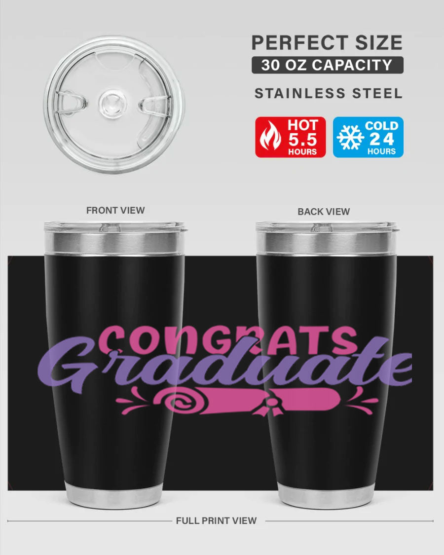 Congrats Graduate 20oz Tumbler featuring double wall vacuum insulation and a stylish design, perfect for hot and cold beverages.