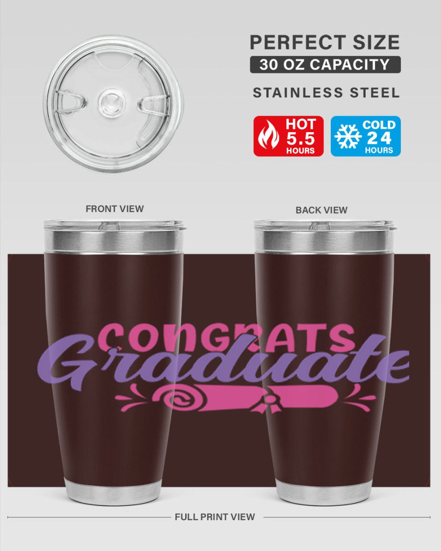 Congrats Graduate 20oz Tumbler featuring double wall vacuum insulation and a stylish design, perfect for hot and cold beverages.