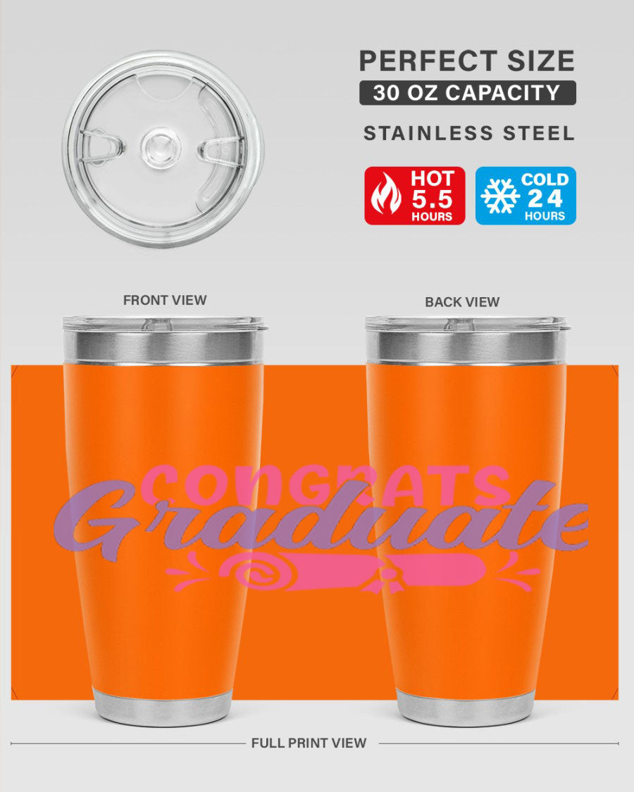 Congrats Graduate 20oz Tumbler featuring double wall vacuum insulation and a stylish design, perfect for hot and cold beverages.