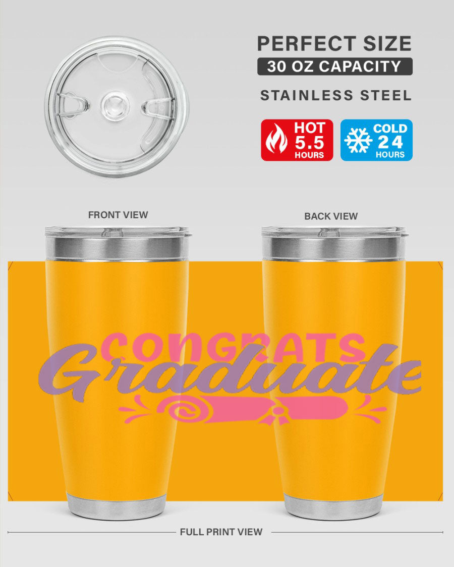 Congrats Graduate 20oz Tumbler featuring double wall vacuum insulation and a stylish design, perfect for hot and cold beverages.