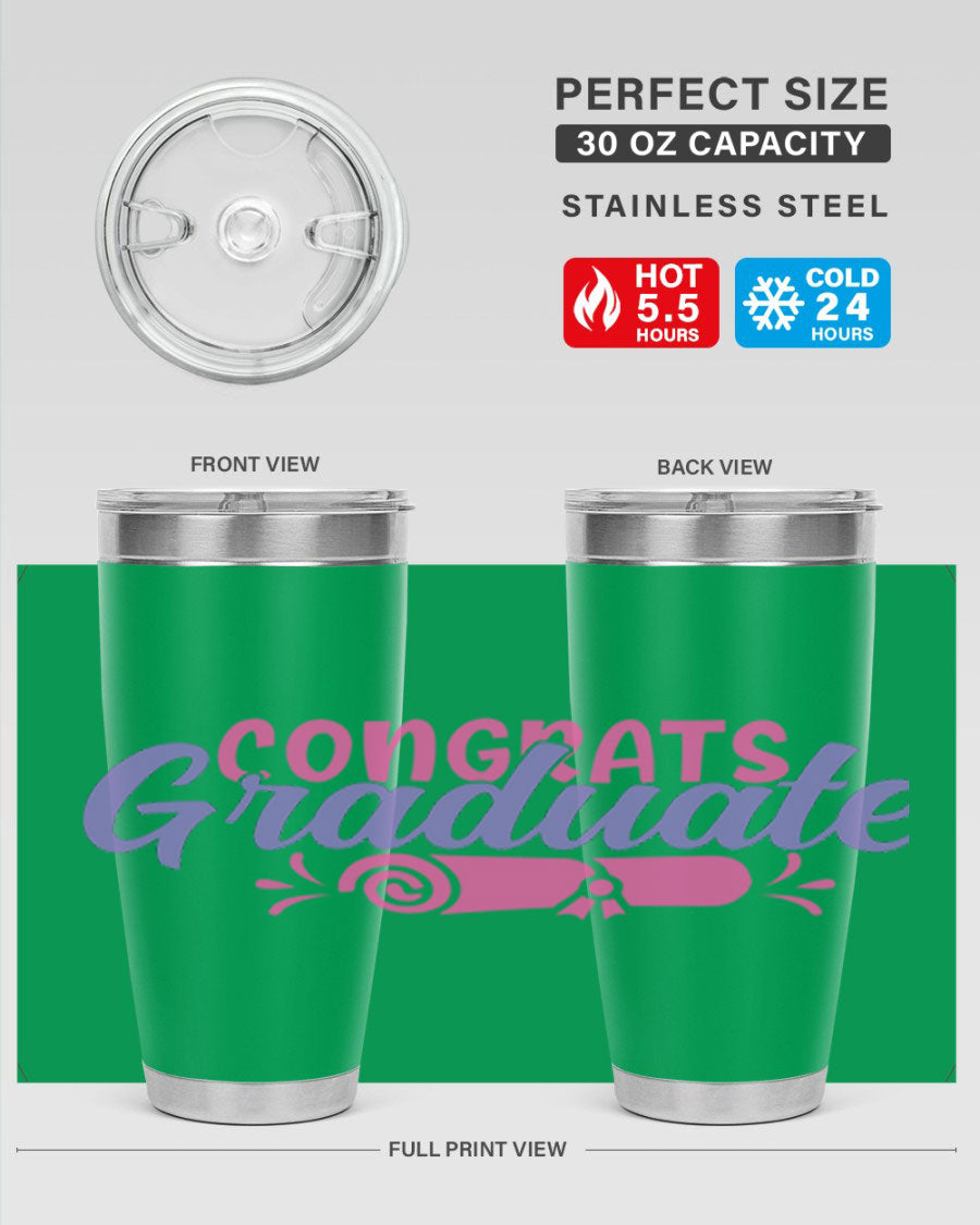 Congrats Graduate 20oz Tumbler featuring double wall vacuum insulation and a stylish design, perfect for hot and cold beverages.