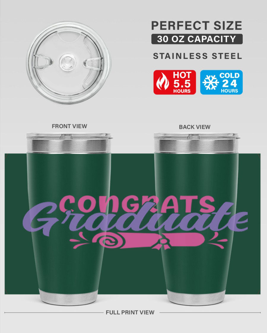 Congrats Graduate 20oz Tumbler featuring double wall vacuum insulation and a stylish design, perfect for hot and cold beverages.