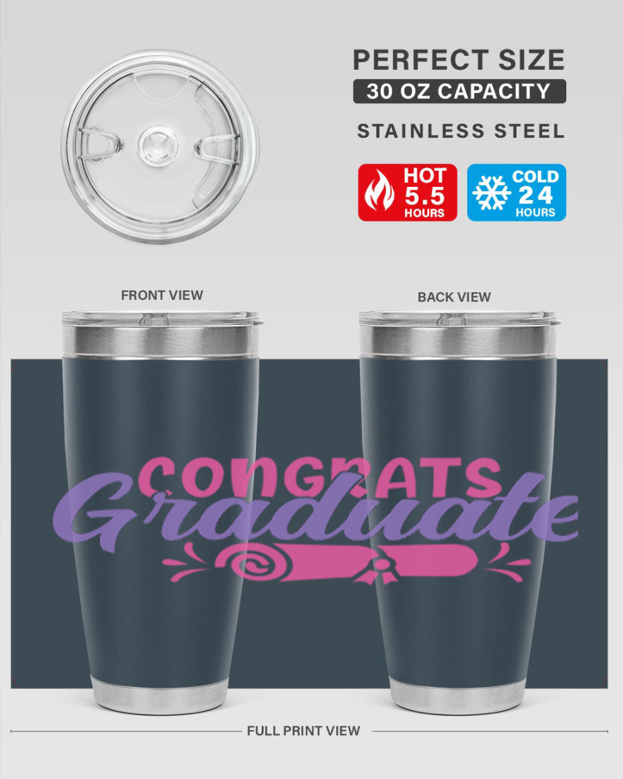 Congrats Graduate 20oz Tumbler featuring double wall vacuum insulation and a stylish design, perfect for hot and cold beverages.