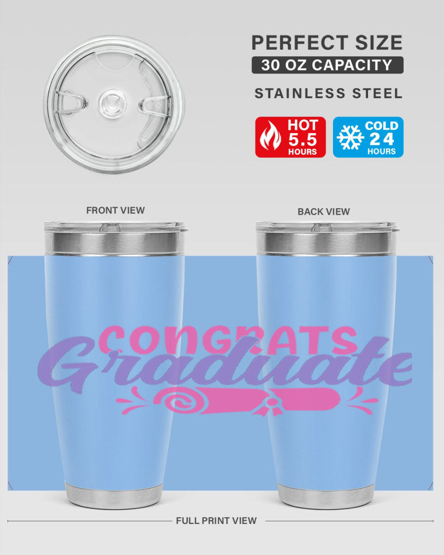 Congrats Graduate 20oz Tumbler featuring double wall vacuum insulation and a stylish design, perfect for hot and cold beverages.