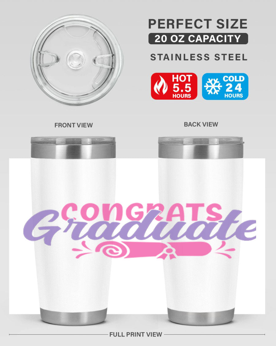 Congrats Graduate 20oz Tumbler featuring double wall vacuum insulation and a stylish design, perfect for hot and cold beverages.